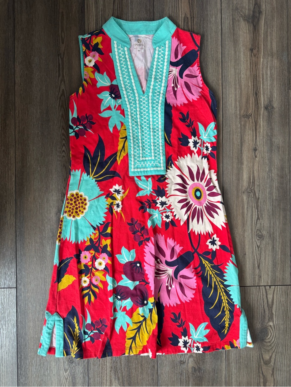 Spartina Sleeveless Floral Tunic Dress - Bright Red with Teal Trim XS